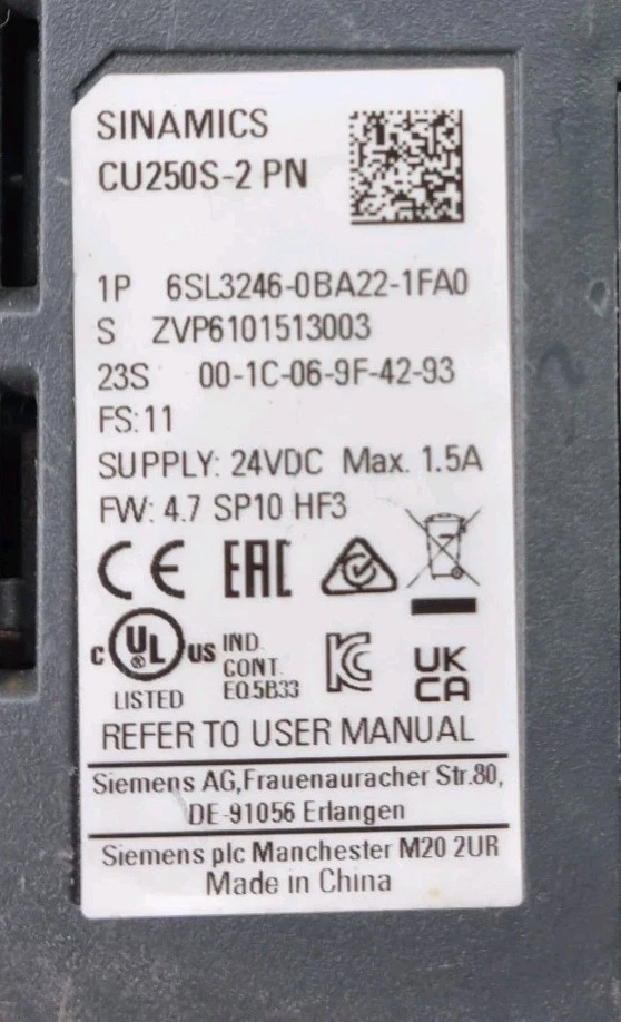 SIEMENS SINAMICS CONTROL UNIT CU250S-2 PN 6SL3246-0BA22-1FA0 FREE SHIP WORLDWIDE